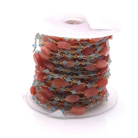 Moonstone 10x6mm Aqua Chalcedony 3-4mm Beaded Gold Plated Wire Wrapped Rosary Chain - GemMartUSA