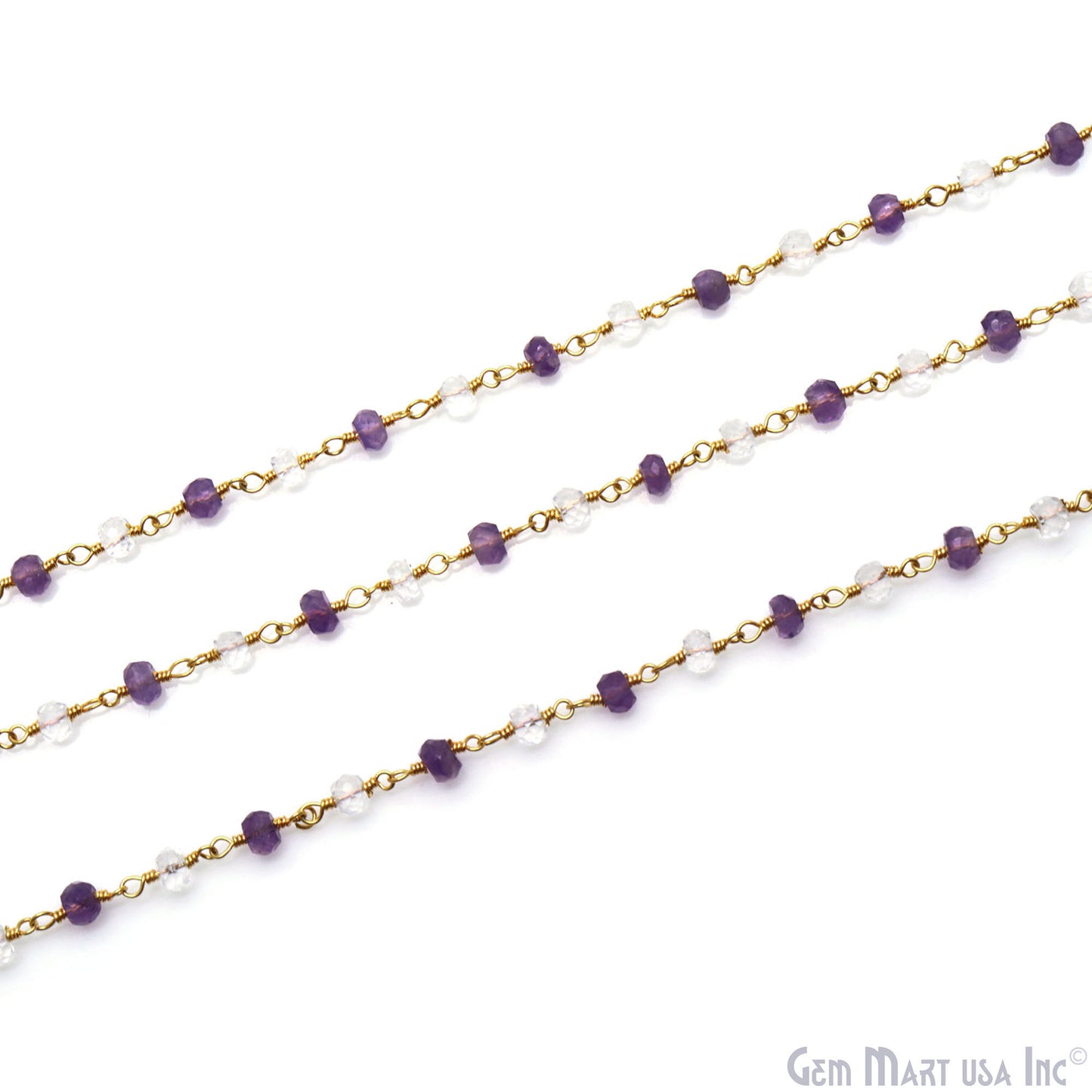 Amethyst & Crystal Faceted Beads 4mm Gold Wire Wrapped Rosary Chain