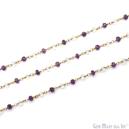 Amethyst & Crystal Faceted Beads 4mm Gold Wire Wrapped Rosary Chain