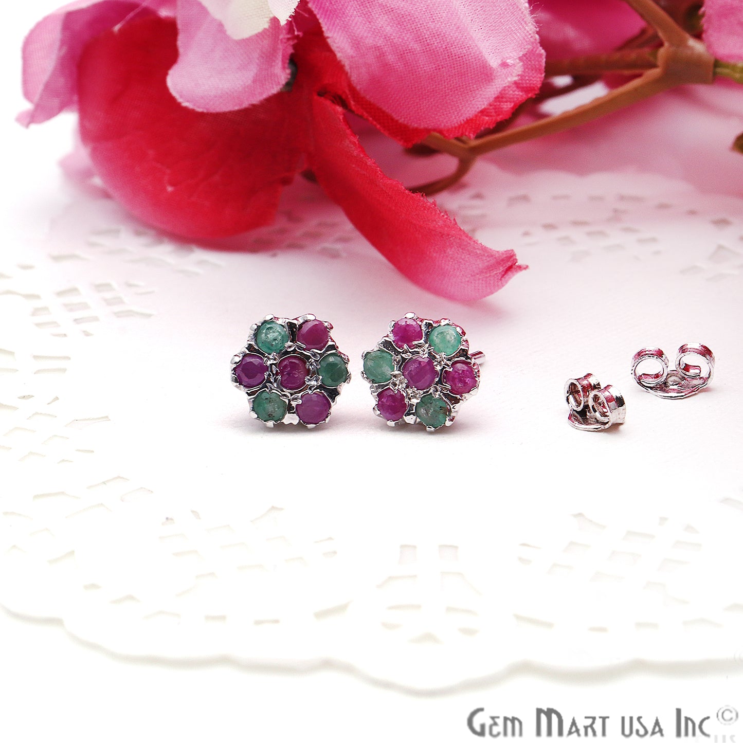 Emerald With Ruby 10mm Sterling Silver Round Shape Stud Earring - GemMartUSA