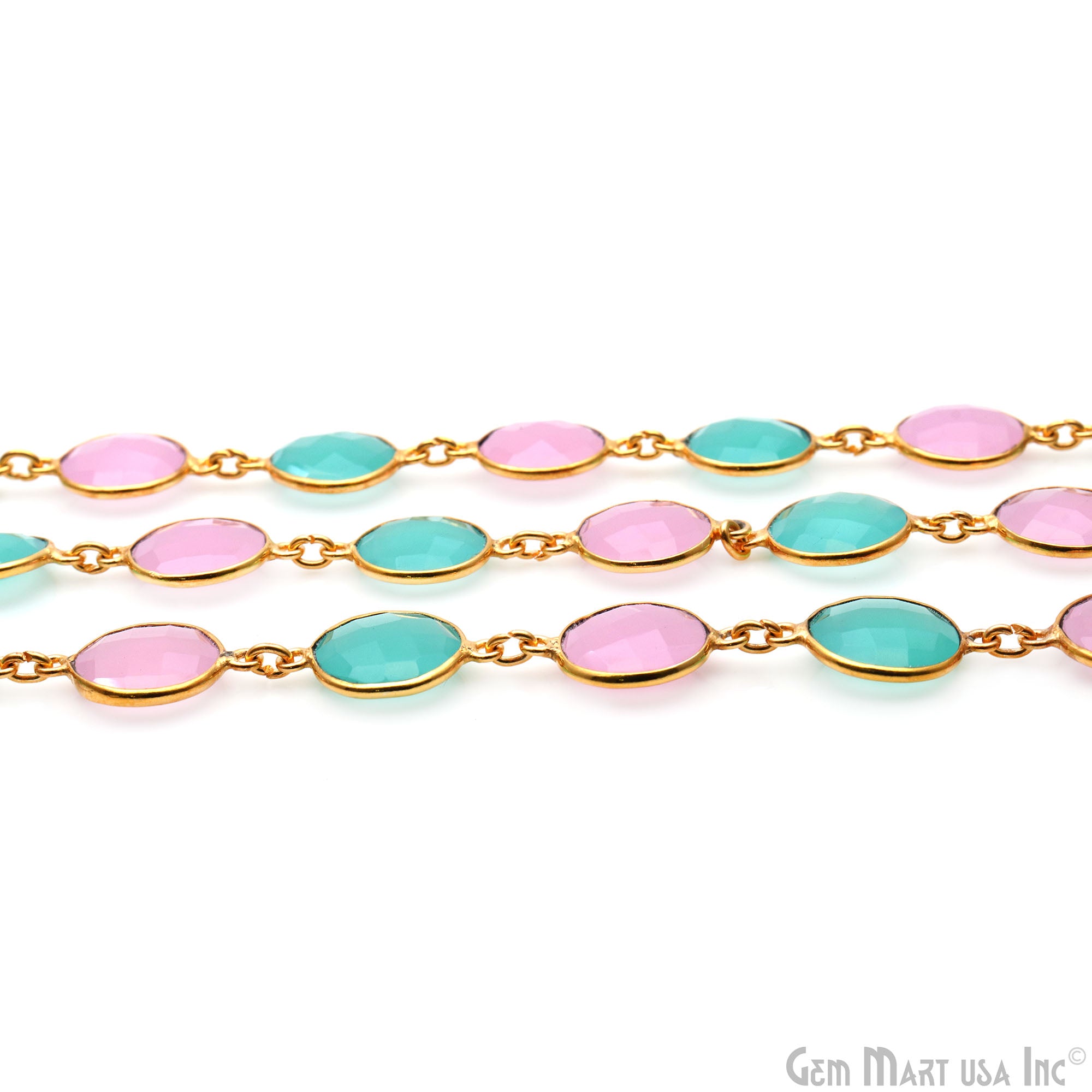 Rose With Aqua Chalcedony Round 12mm Gold Plated Continuous Connector Chain