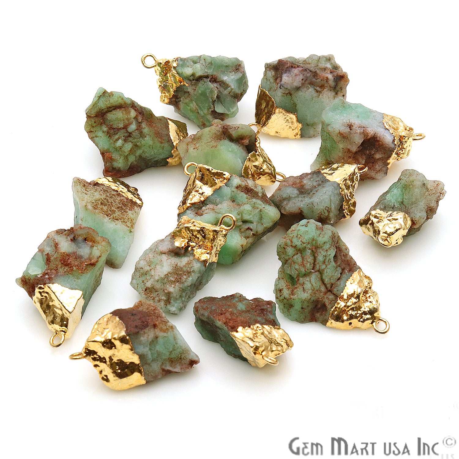 Rough Chrysoprase Gemstone 26x16mm Organic Gold Edged Connector - GemMartUSA