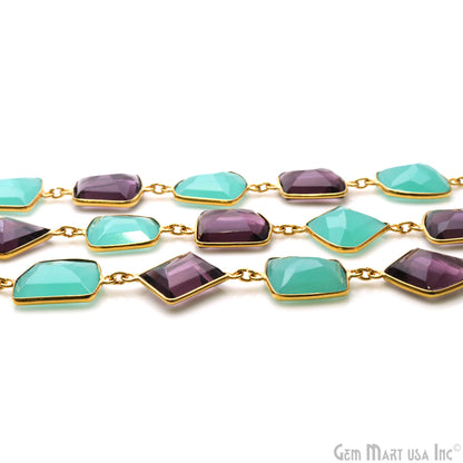 Aqua Chalcedony & Amethyst 10-15mm Faceted Free Form Gold Plated Connector Chain