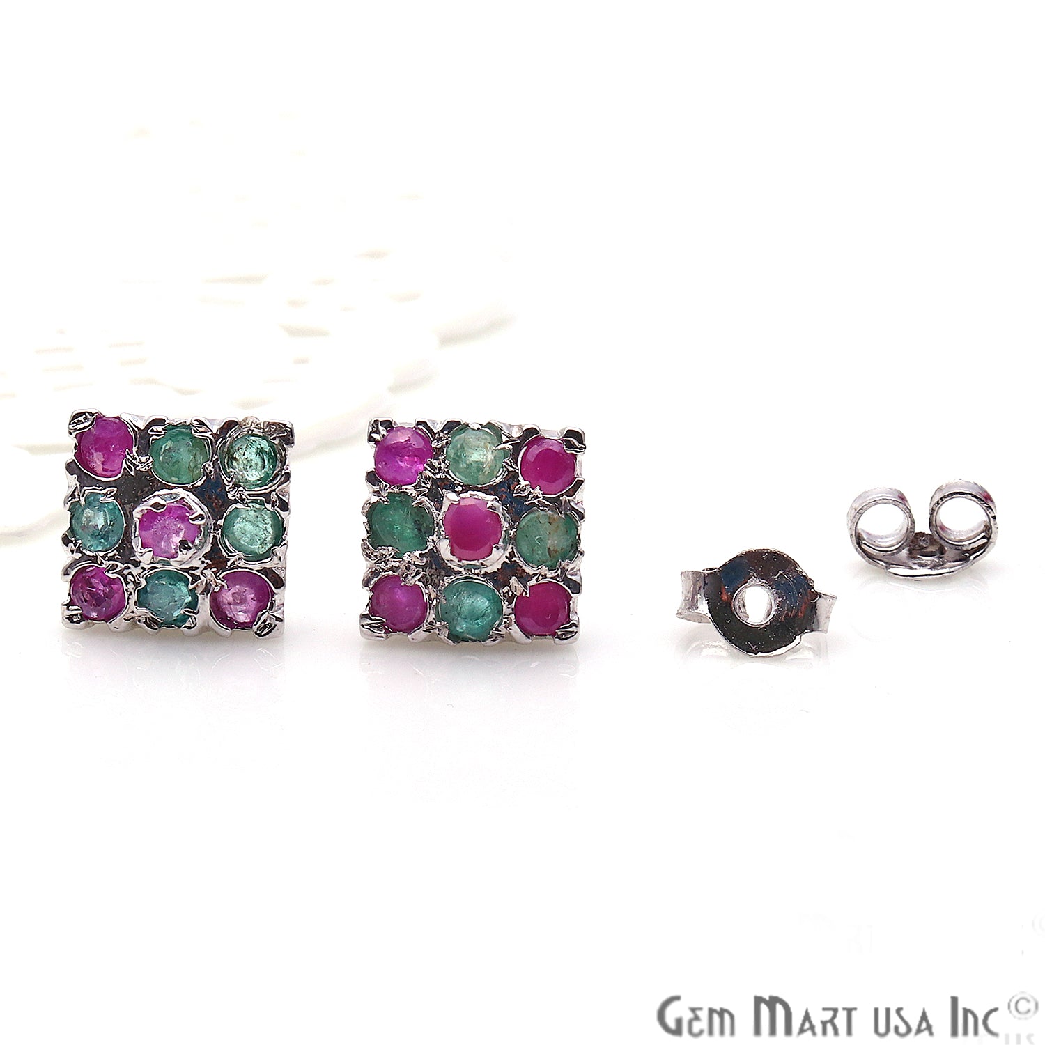 Emerald With Ruby 10mm Sterling Silver Square Shape Stud Earring - GemMartUSA