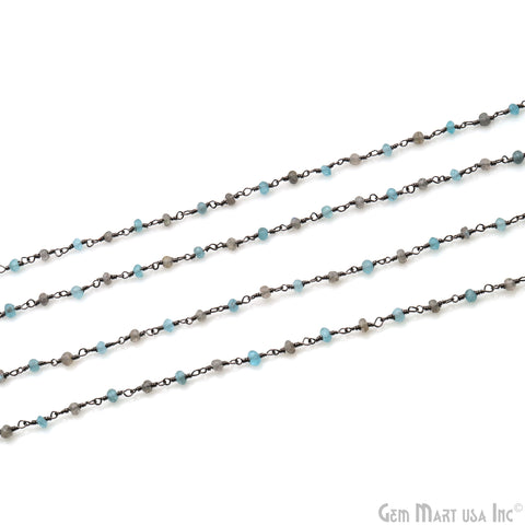 Labradorite & Aqua Chalcedony 3-3.5mm Faceted Beads Oxidized Wire Wrapped Rosary