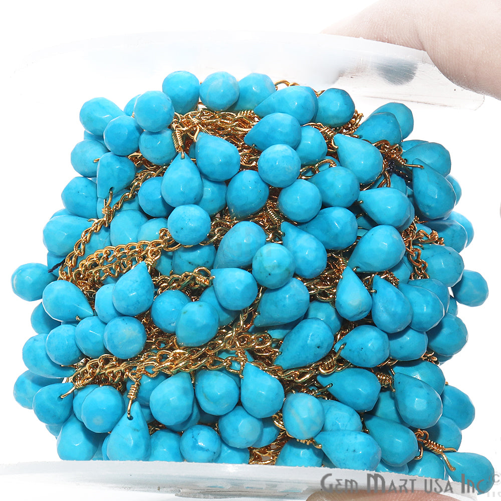Turquoise Faceted Beaded Gold Wire Wrapped Dangle Rosary Chain - GemMartUSA