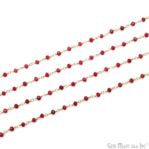 Ruby Jade Faceted 3-3.5mm Gold Wire Wrapped Rosary Chain