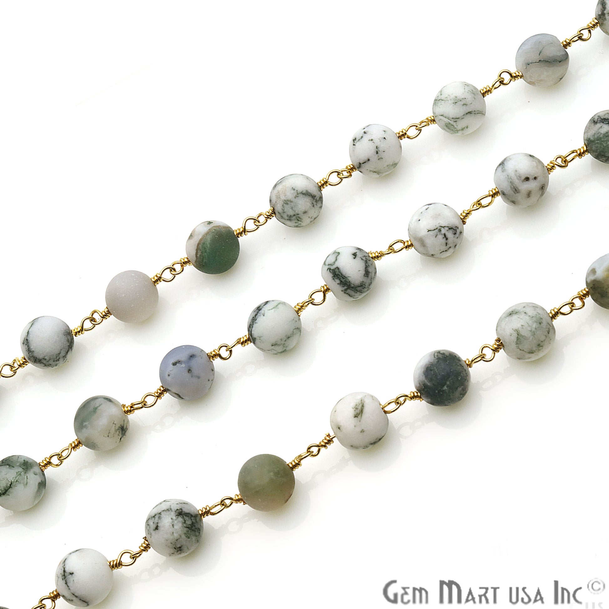 Green Agate Frosted Beads 8mm Gold Plated Wire Wrapped Rosary Chain - GemMartUSA