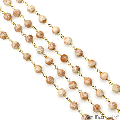 Sunstone Cabochon Beads 5-6mm Gold Plated Gemstone Rosary Chain