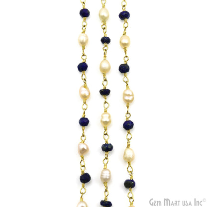 Lapis & Pearl Gold Plated Wire Wrapped Rosary Chain