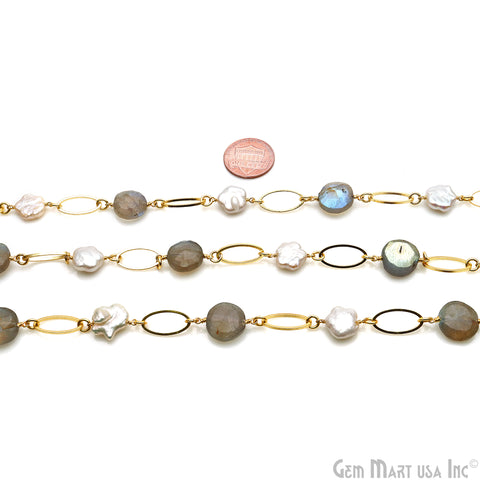Labradorite & Pearl With Gold Oval Finding Rosary Chain