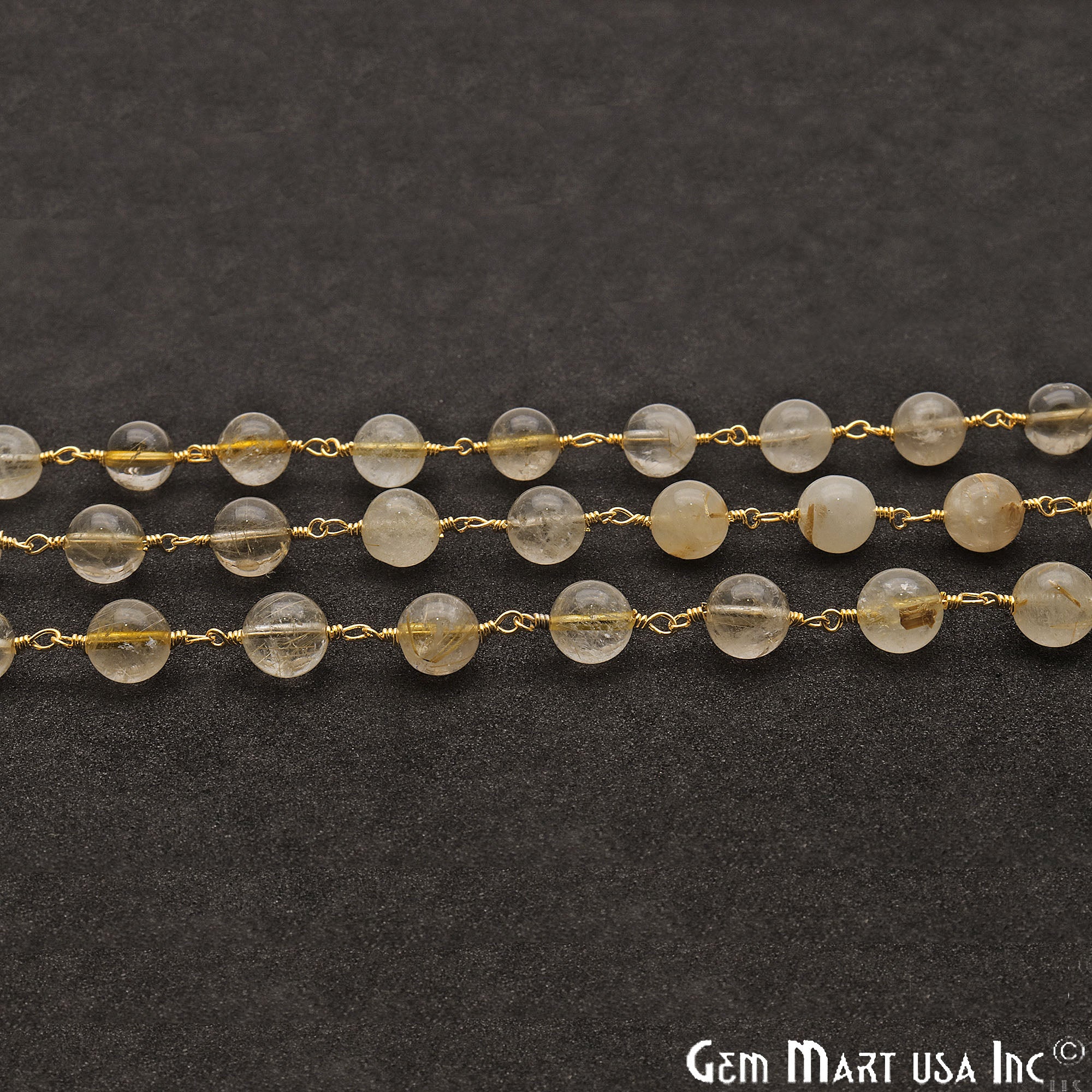 Golden Rutile Smooth Beads 8mm Gold Plated Wire Wrapped Rosary Chain - GemMartUSA