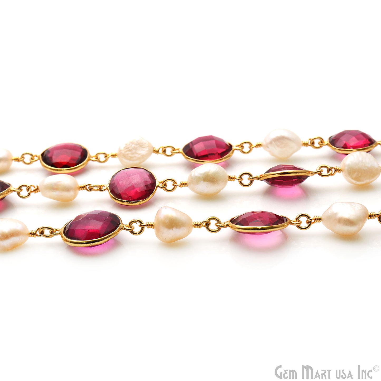 Pearl Free Form & Pink Tourmaline 10-15mm Gold Plated Bezel Connector Chain