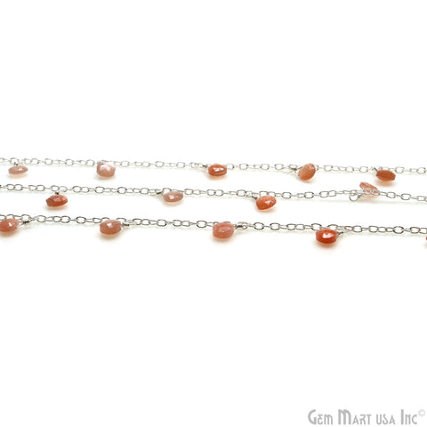 Peach Moonstone Heart 5mm Silver Wire Wrapped Dangle Rosary Chain