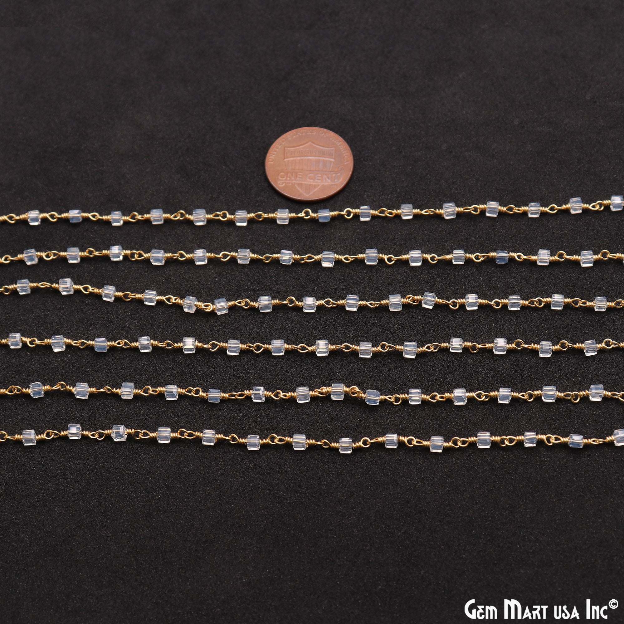 Crystal Cube Faceted 2mm Gold Wire Wrapped Rosary Chain - GemMartUSA