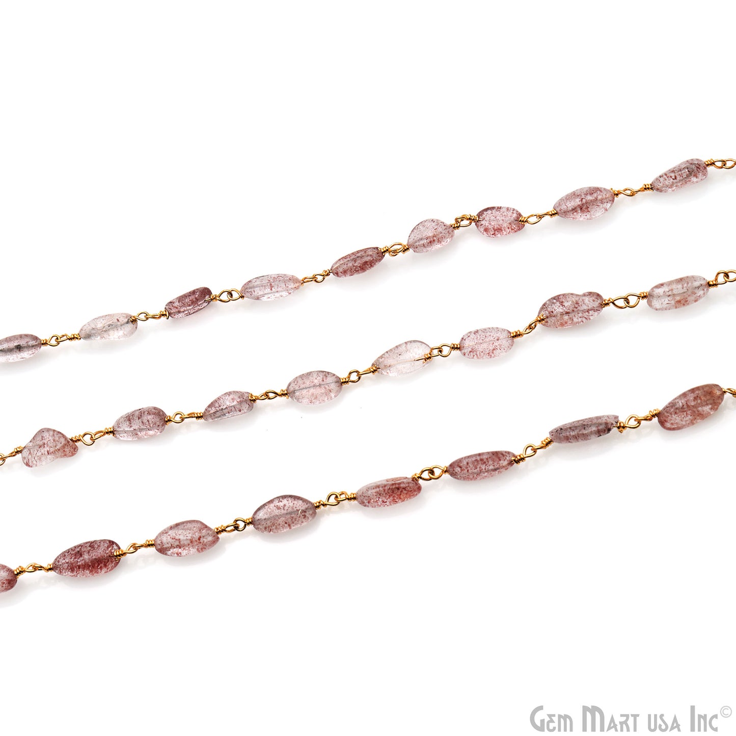 Strawberry Quartz 12x5mm Tumble Beads Gold Plated Rosary Chain