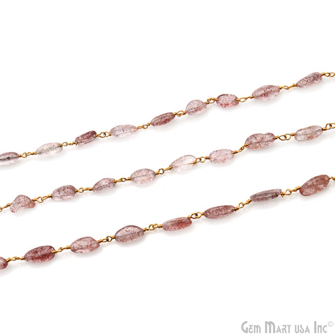 Strawberry Quartz 12x5mm Tumble Beads Gold Plated Rosary Chain