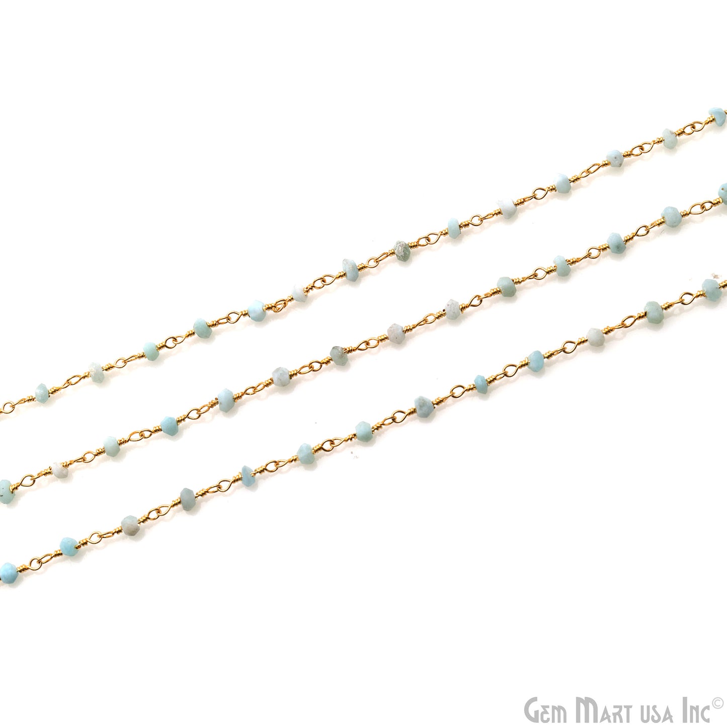 Larimar Faceted Beads 2.5-3mm Gold Plated Wire Wrapped Rosary Chain