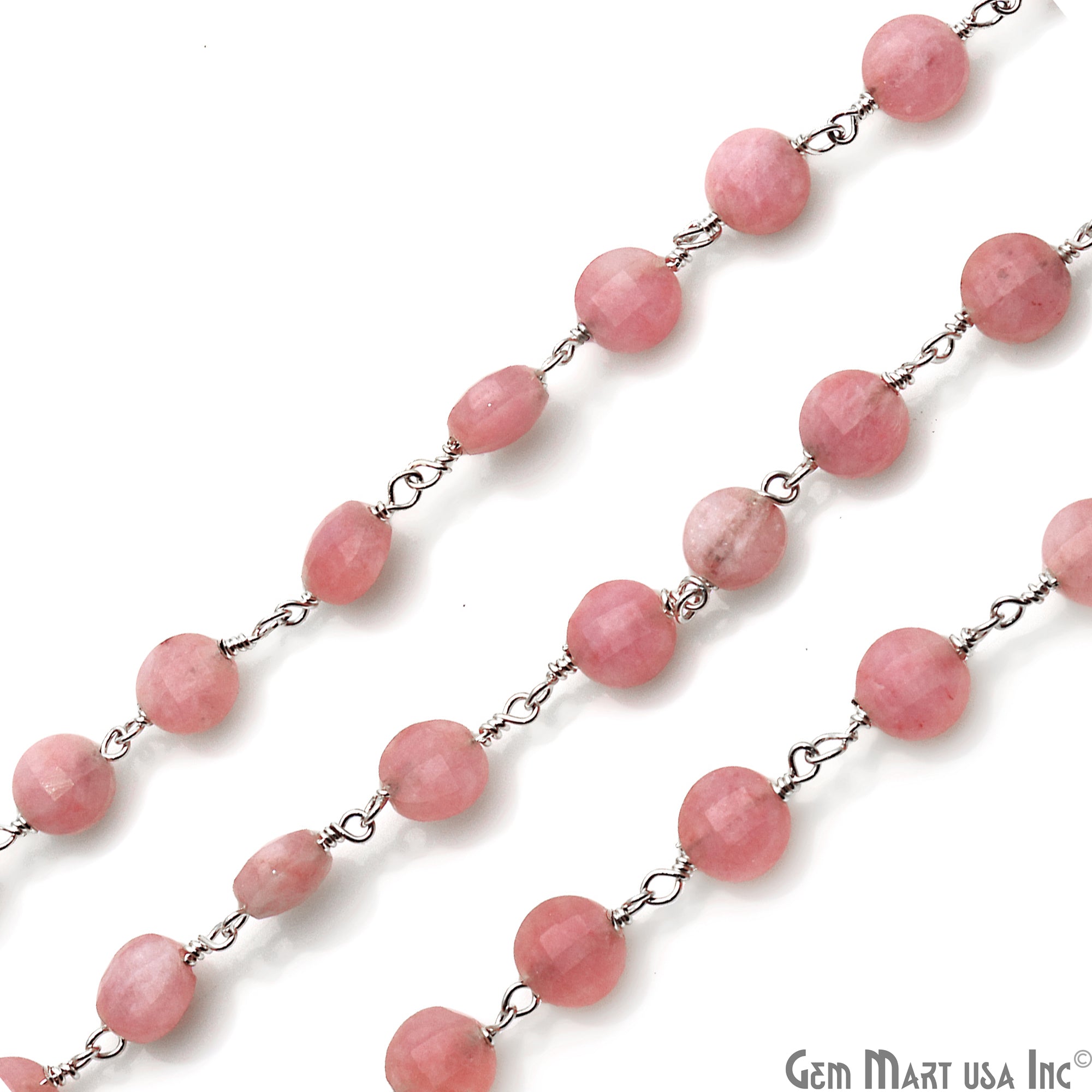 Rhodochrosite Coin Faceted 6mm Silver Wire Wrapped Rosary Chain - GemMartUSA