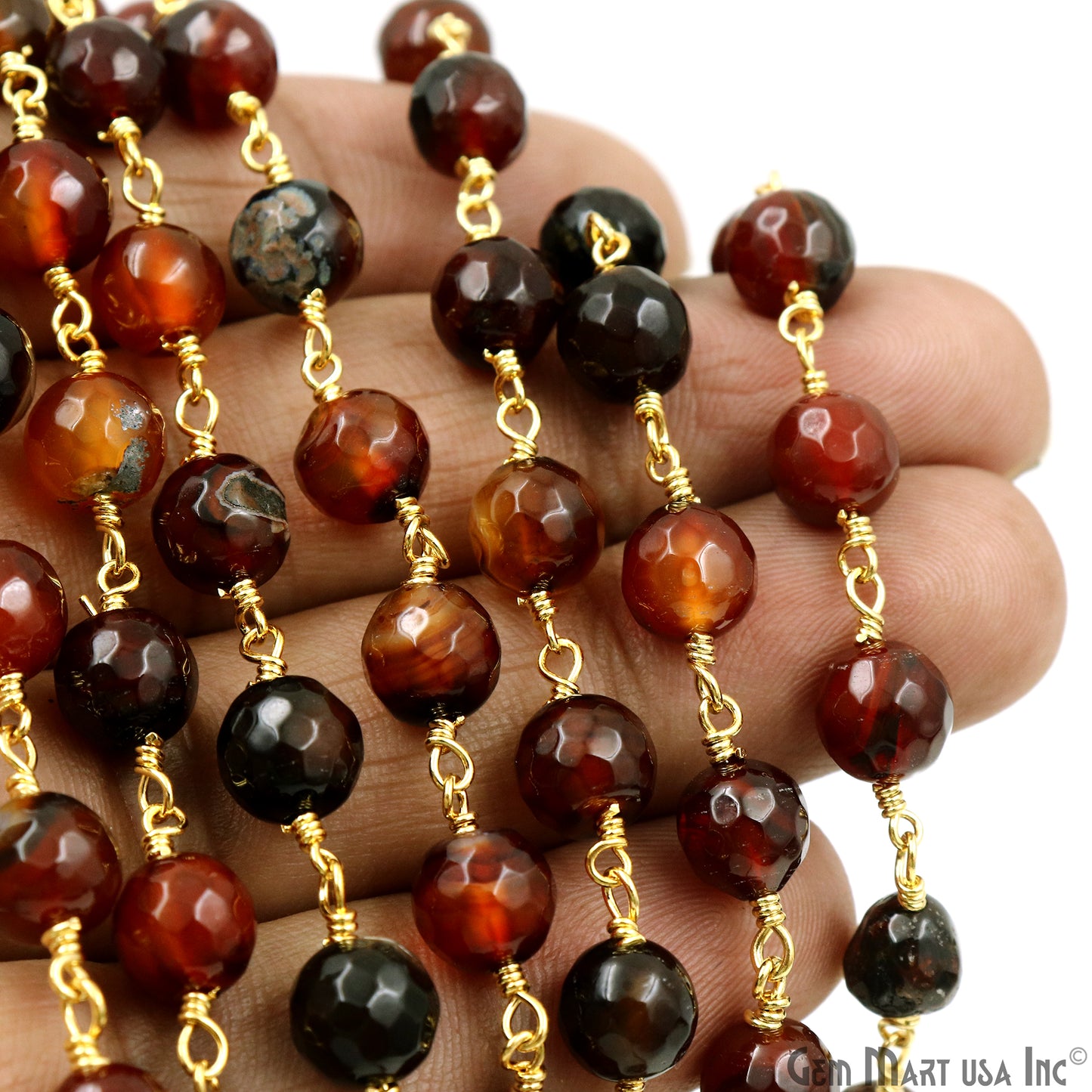 Dark Carnelian Jade Faceted 8mm Gold Plated Wire Wrapped Rosary Chain