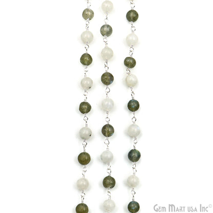 Labradorite & Rainbow Cabochon Beads 5-6mm Silver Plated Gemstone Rosary Chain