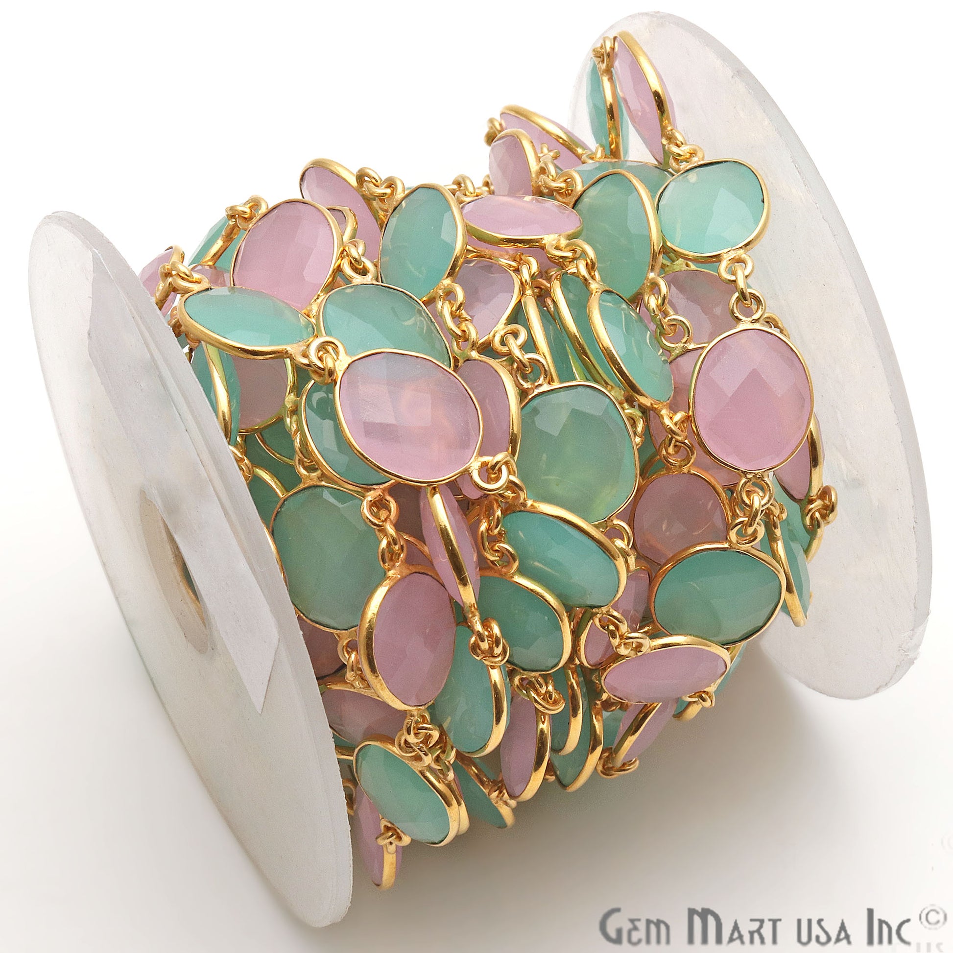 Rose With Aqua Chalcedony 10-15mm Free Form Gold Continuous Connector Chain - GemMartUSA