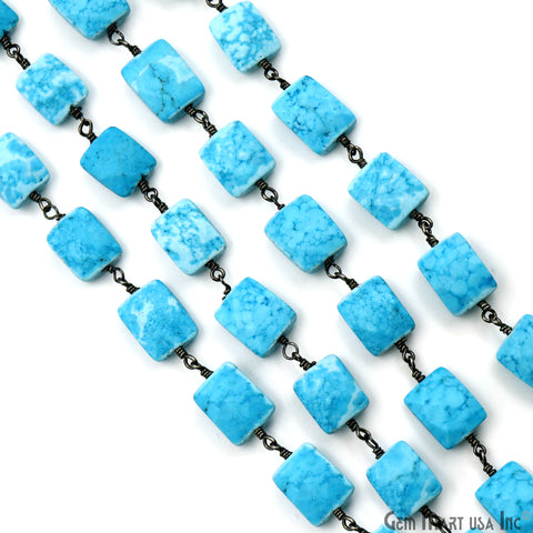 Turquoise 7x9mm Square Shape Oxidized Wire Wrapped Rosary Chain
