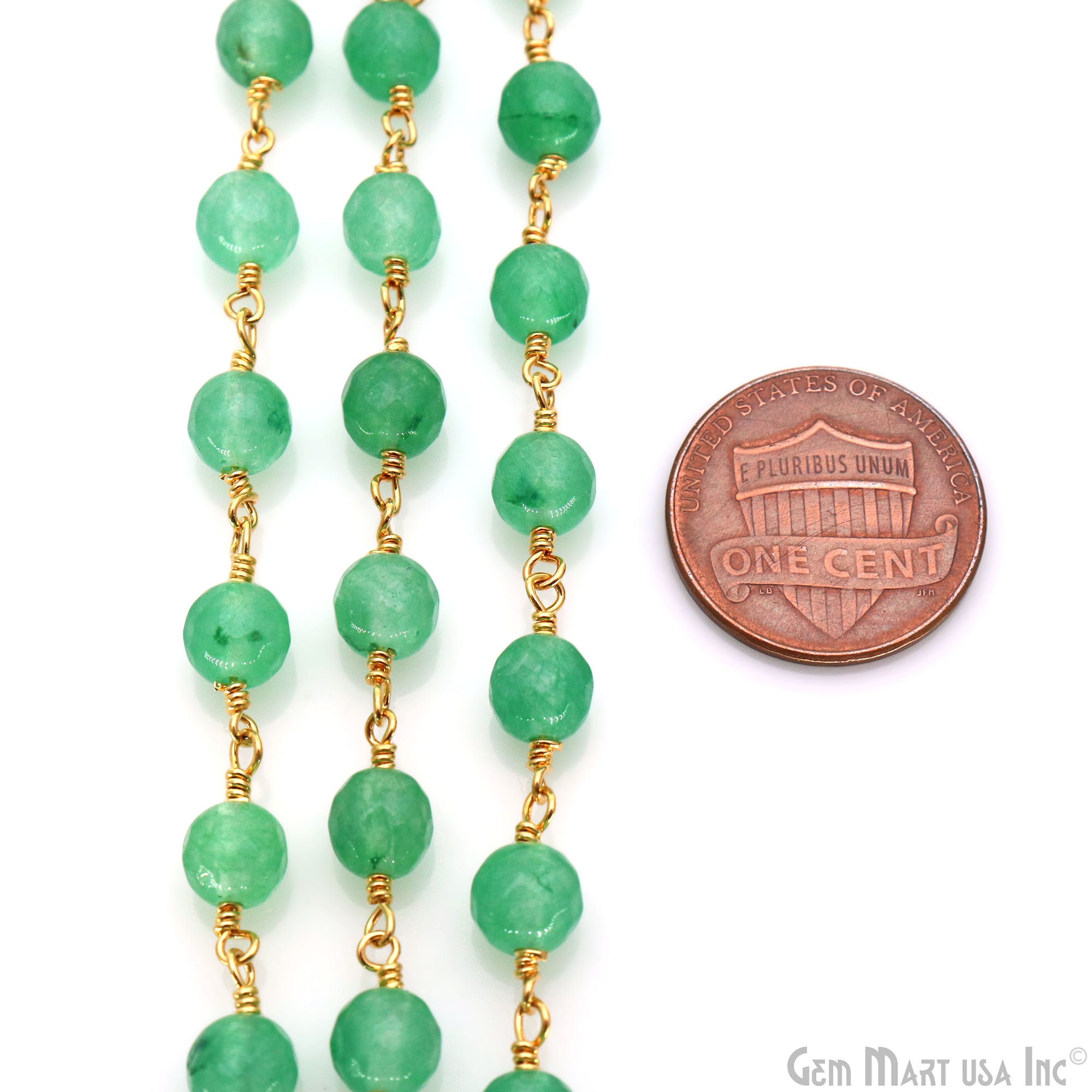 Baby Green Jade Cabochon 6mm Beads Gold Wire Wrapped Rosary Chain