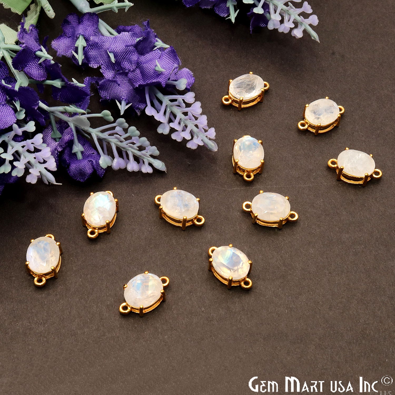 Rainbow Moonstone Prong Setting Gold Plated Flashy Gemstone Connector - GemMartUSA