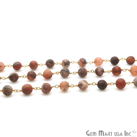 Red Jasper Frosted Gold Plated Wire Wrap Round Bead Jewelry Making Rosary Chain - GemMartUSA