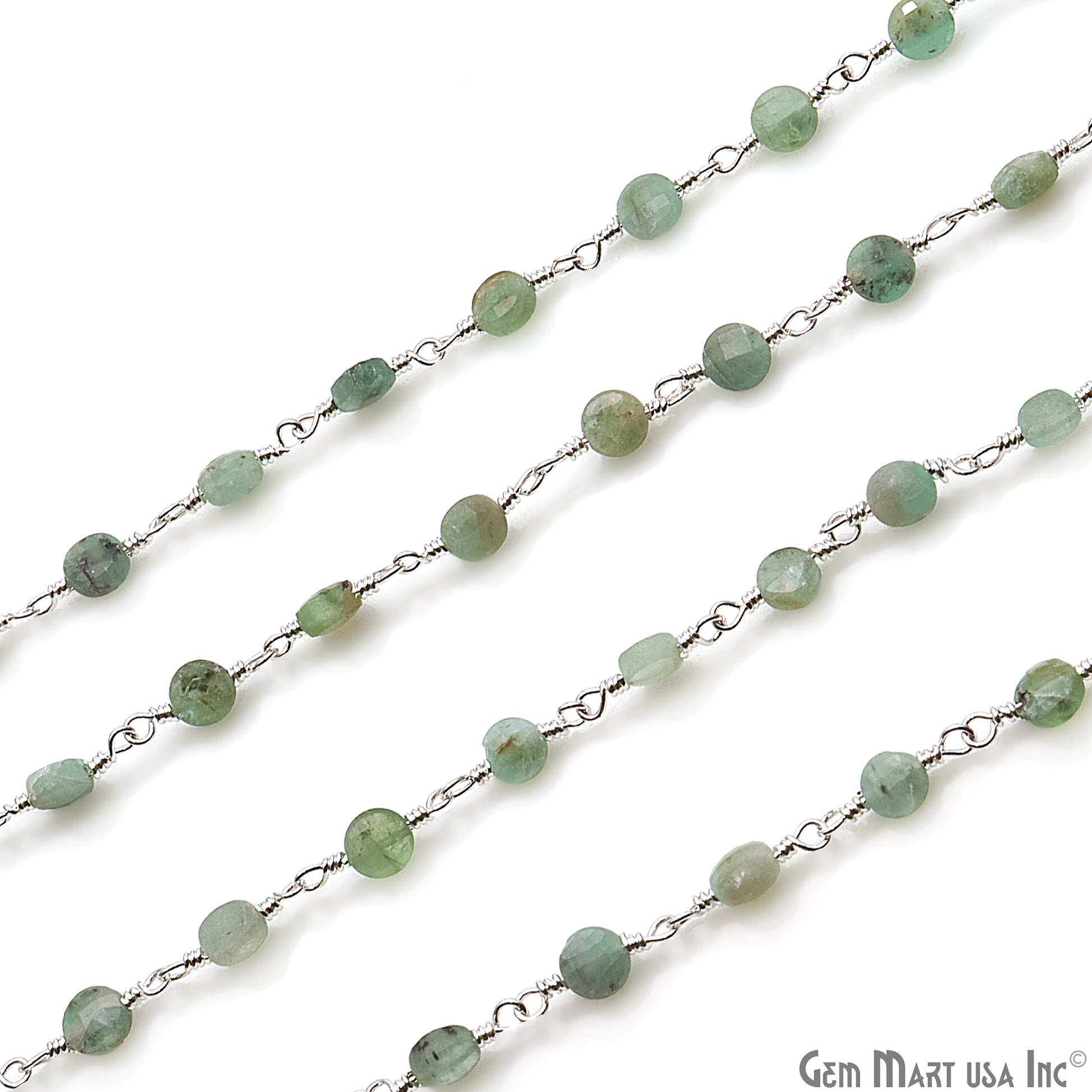 Emerald Faceted 3-4mm Silver Wire Wrapped Rosary Chain - GemMartUSA