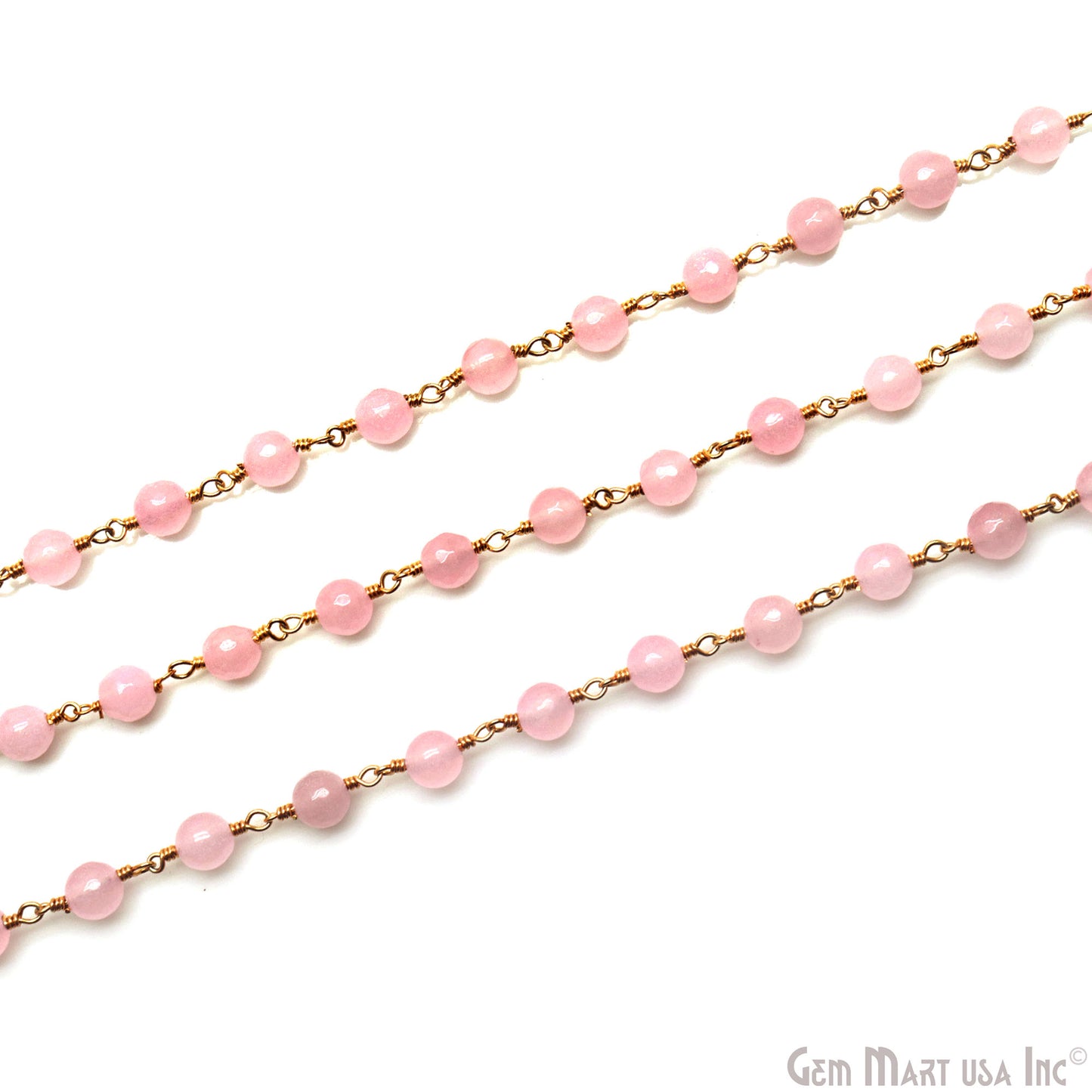 Rose Quartz Cabochon 6-7mm Gold Wire Wrapped Rosary Chain