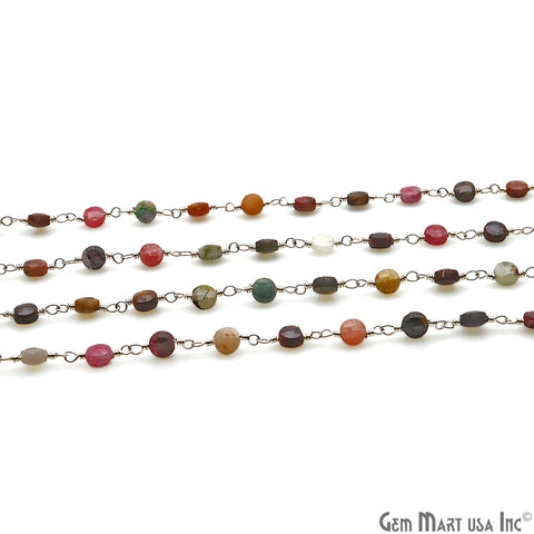 Dark Multi Tourmaline Faceted 3-4mm Silver Wire Wrapped Rosary Chain - GemMartUSA
