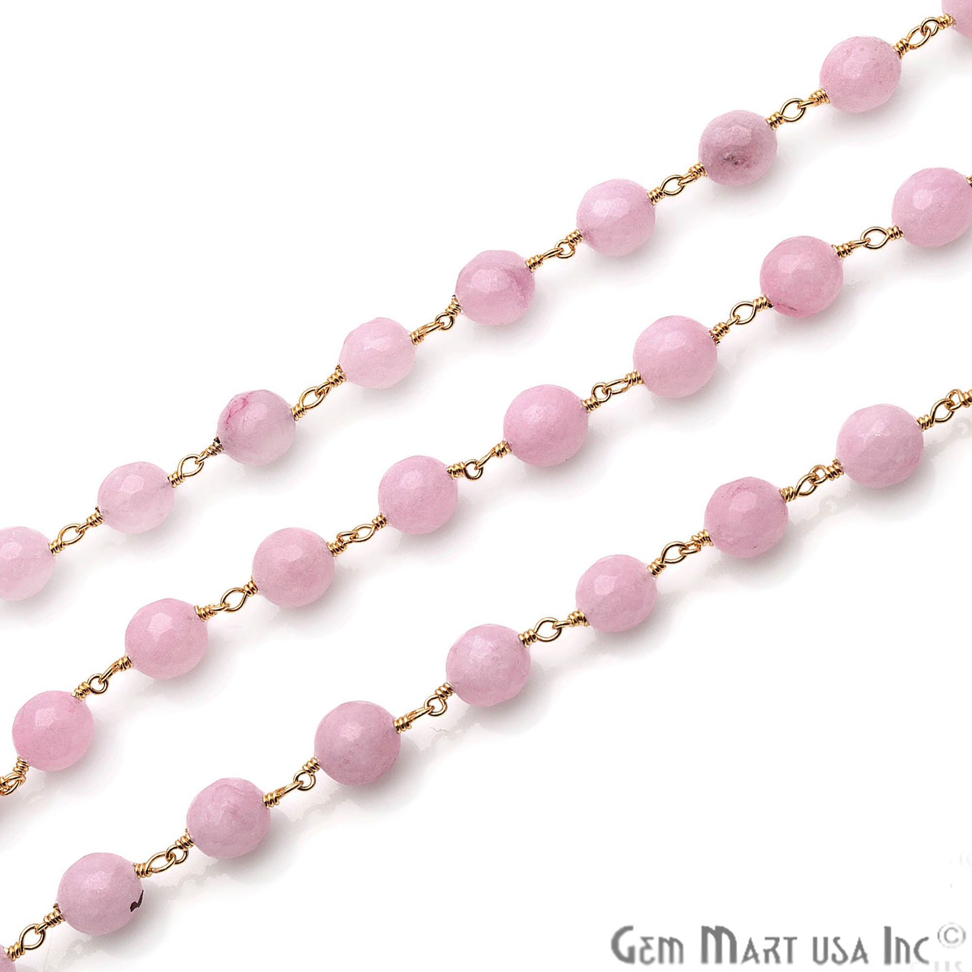Lavender Jade 8mm Beads Gold Plated Wire Wrapped Rosary Chain - GemMartUSA (763881979951)