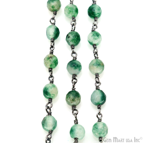 Emerald Jade Cabochon 6mm Beads Oxidized Wire Wrapped Rosary Chain
