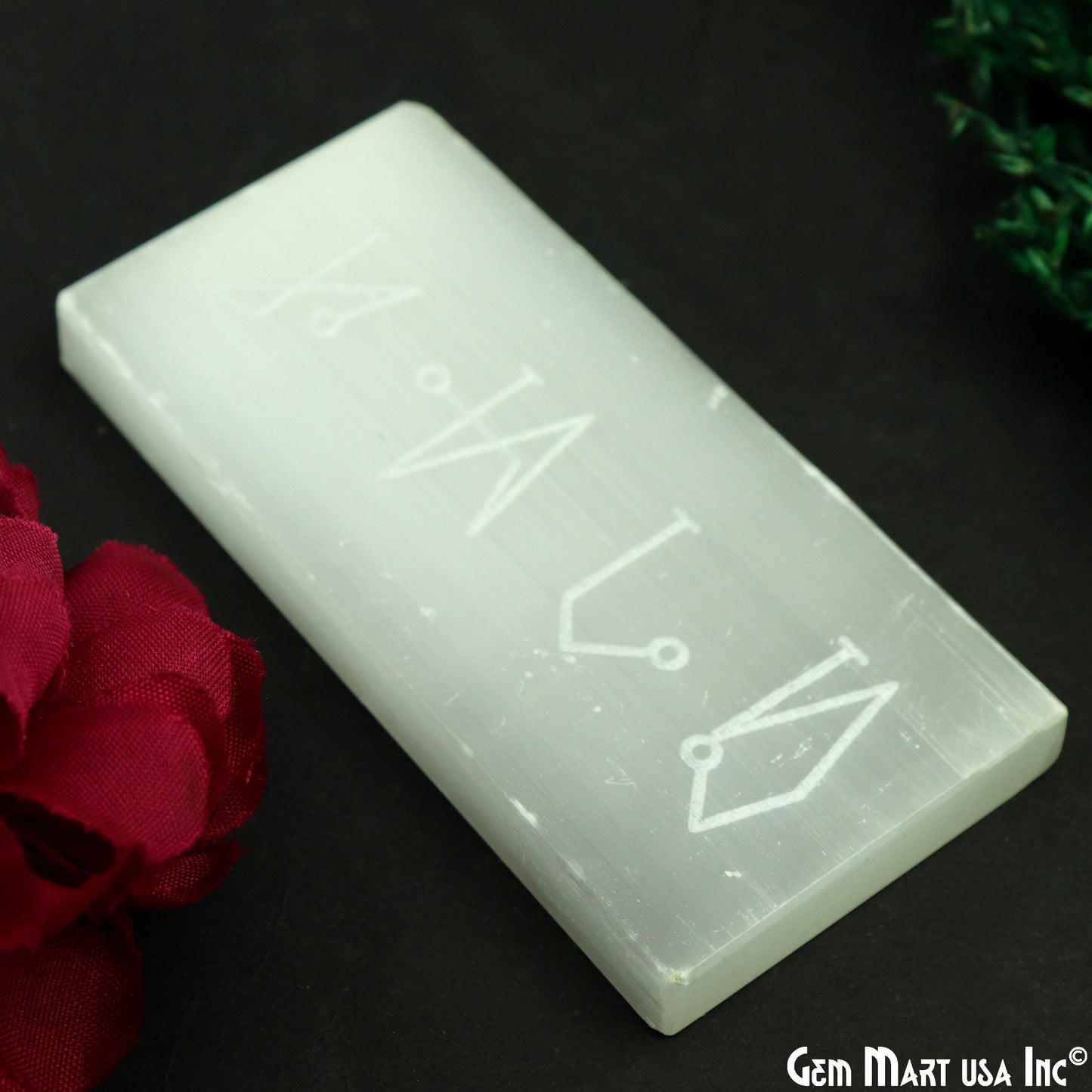 Selenite Rectangle Plate Shape 79x38mm Engraved Symbols Reiki Healing Meditation Gemstones