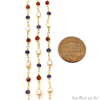 Multistone Faceted Beads With Pearl 3-3.5mm Gold Plated Wire Wrapped Beads Rosary Chain