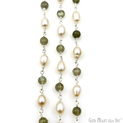 Labradorite Cabochon With Pearl Oval Silver Wire Wrapped Rosary Chain