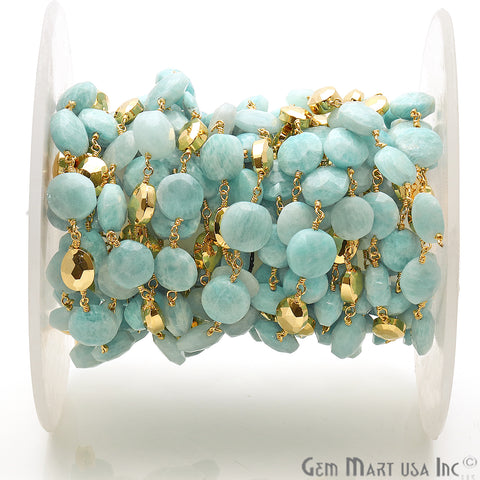 Amazonite & Gold 8-9mm Pyrite Gold Plated Rough Beads Rosary Chain - GemMartUSA