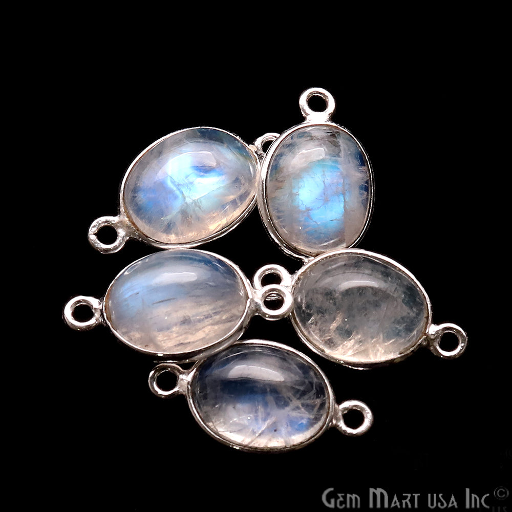 Rainbow Moonstone Cabochon 9x11mm Oval Silver Plated Double Bail Gemstone Connector - GemMartUSA