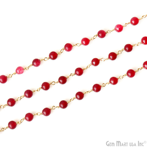 Ruby Jade Cabochon Beads Gold Plated Wire Wrapped Rosary Chain