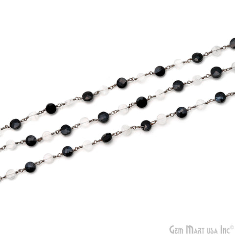 Black Spinel 6-7mm & Rainbow 5-6mm Coin Beads Oxidized Wire Wrapped Rosary Chain
