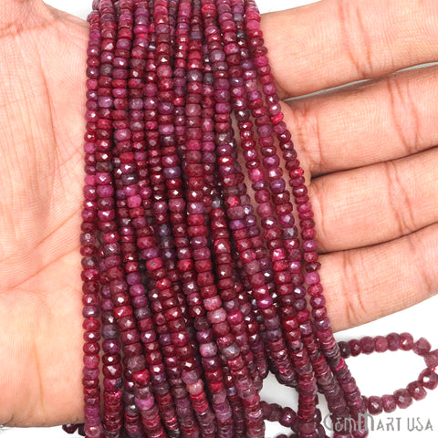 Ruby Rondelle Beads, 13 Inch Gemstone Strands, Drilled Strung Nugget Beads, Faceted Round, 3-4mm