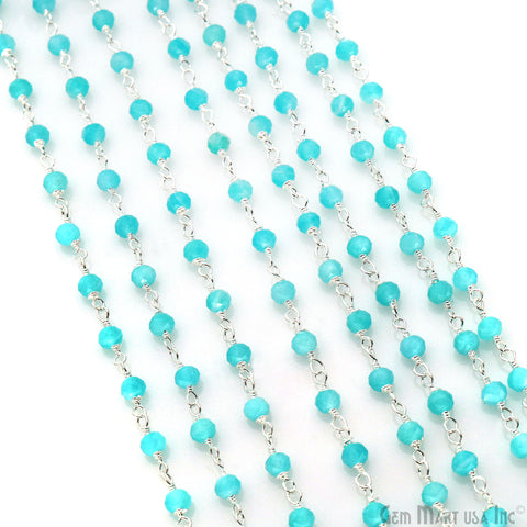 Dark Aqua Chalcedony Faceted Round 3-3.5mm Tiny Beads Silver Plated Wire Wrapped Rosary Chain