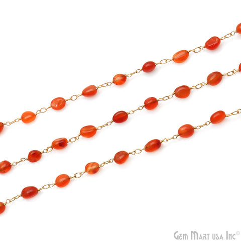 Carnelian Tumble Beads 8x5mm Gold Wire Wrapped Rosary Chain
