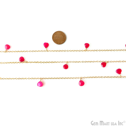 Hot Pink Chalcedony Faceted Heart 8mm Gold Wire Wrapped Rosary Chain