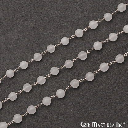 White Jade Smooth Beads 6mm Silver Plated Wire Wrapped Rosary Chain - GemMartUSA