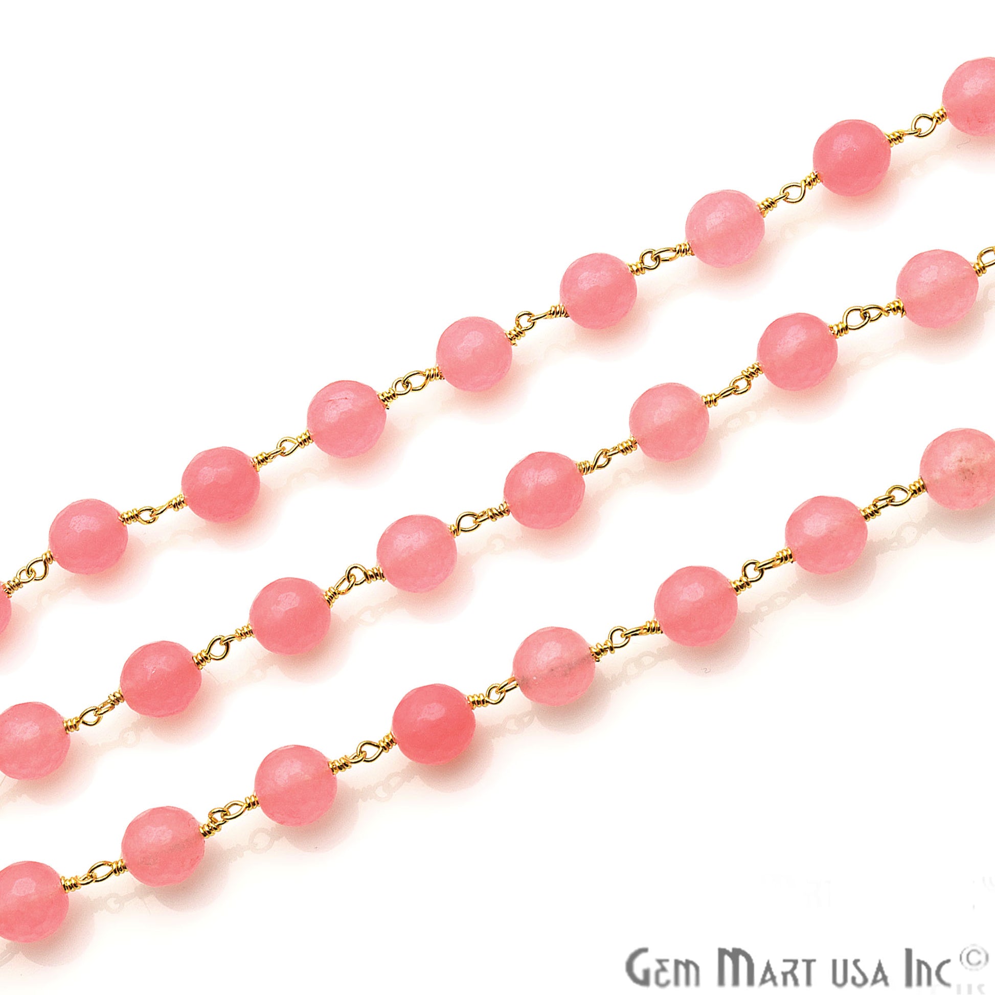 Pink Jade 8mm Gold Plated Wire Wrapped Beads Rosary Chain - GemMartUSA