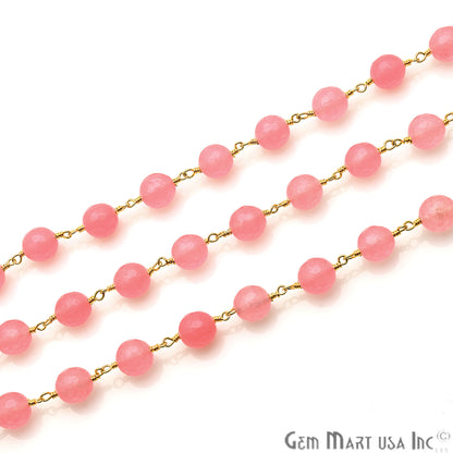 Pink Jade 8mm Gold Plated Wire Wrapped Beads Rosary Chain - GemMartUSA