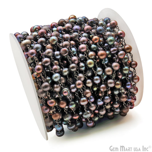 Black Freshwater Pearl 6mm Round Beads Oxidized Rosary Chain